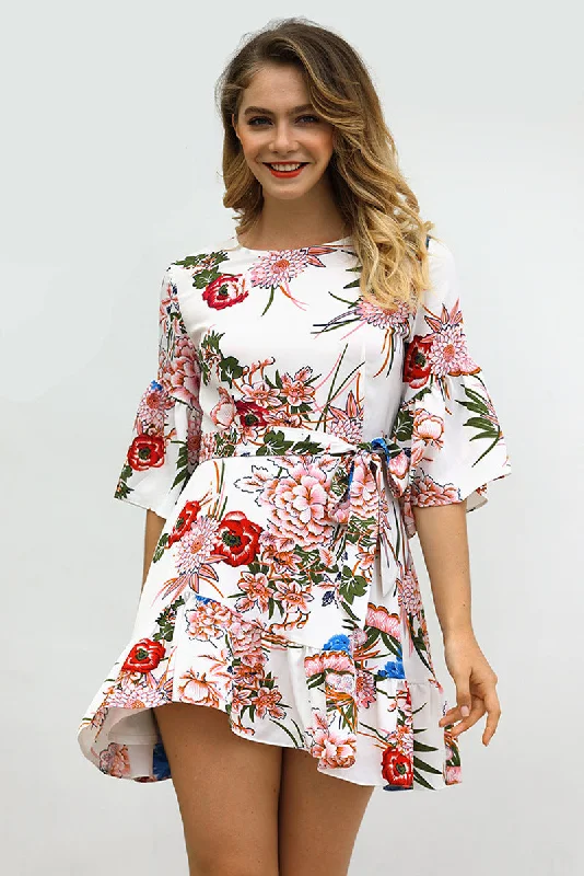 Mini dresses with keyhole necklines Lala Printed Adjustable Balloon Sleeve Dress
