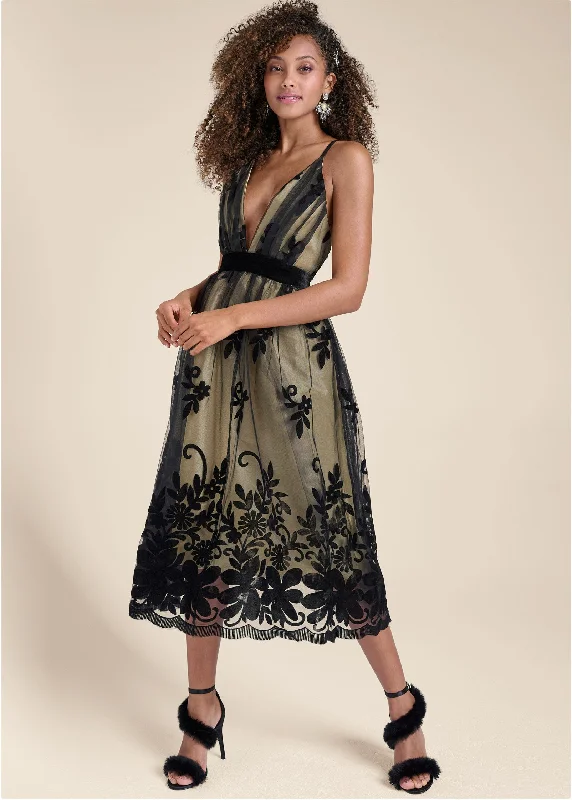 Midi dresses with off - the - shoulder necklines for a flirty look Velvet Floral Midi Dress - Black & Nude Midi dresses with off - the - shoulder necklines for a flirty look Velvet Floral Midi Dress - Black & Nude