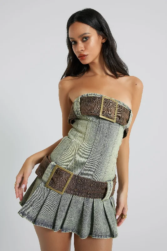 Polyester mini dresses for easy care Chelsea Denim Kilt Mini Dress