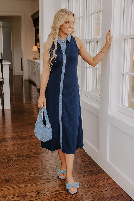 Midi dresses with button - down skirts for a unique and functional design Small Town Bistro Knit Midi Dress in Navy Midi dresses with button - down skirts for a unique and functional design Small Town Bistro Knit Midi Dress in Navy
