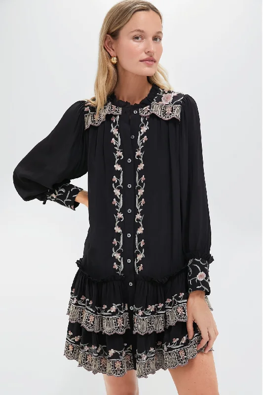 Midi dresses with ruffled bodices for a more pronounced feminine look Black Lacey Embroidery Long Sleeve Tunic Dress Midi dresses with ruffled bodices for a more pronounced feminine look Black Lacey Embroidery Long Sleeve Tunic Dress