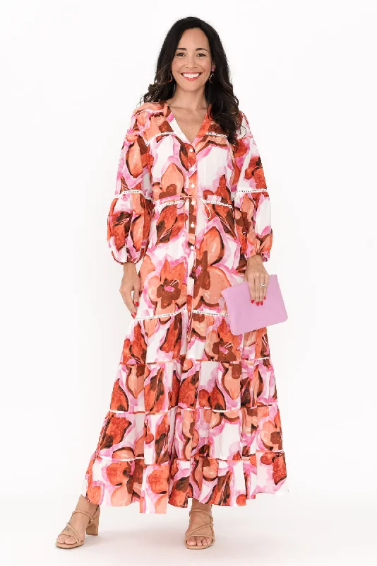 Midi dresses with ruched sleeves for a more fitted and stylish arm look Gertie Pink Floral Cotton Tier Dress Midi dresses with ruched sleeves for a more fitted and stylish arm look Gertie Pink Floral Cotton Tier Dress