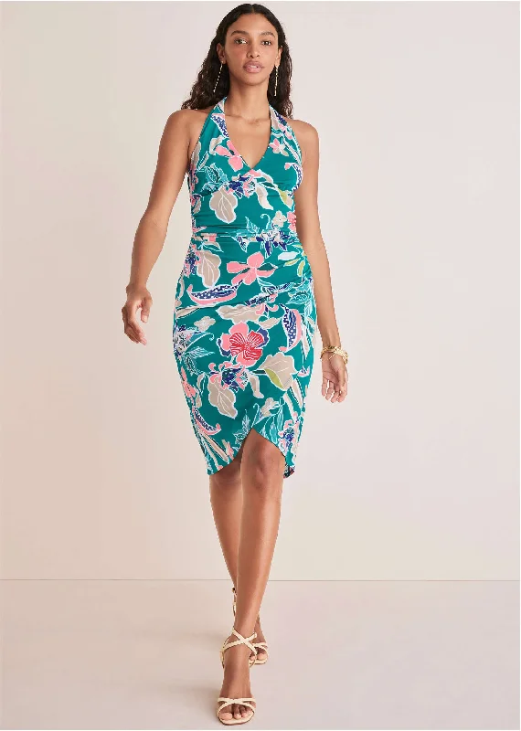 Midi dresses with empire waists for a flattering maternity option Halter Wrap Dress - Paradise Floral Midi dresses with empire waists for a flattering maternity option Halter Wrap Dress - Paradise Floral