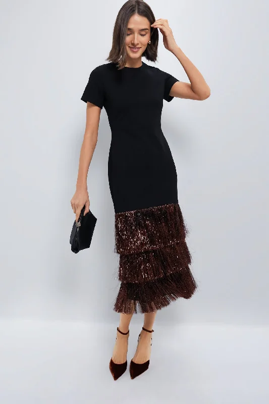 Midi dresses with denim fabric for a casual yet stylish day out Black & Bronze Metallic Fringe Francie Short Sleeve Maxi Dress Midi dresses with denim fabric for a casual yet stylish day out Black & Bronze Metallic Fringe Francie Short Sleeve Maxi Dress