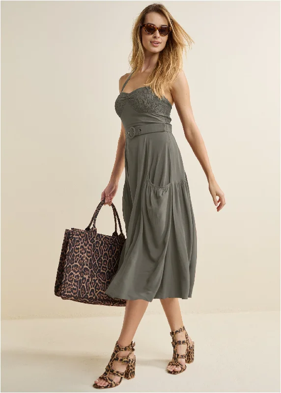Midi dresses with keyhole backs for a flirty and unexpected detail Belted Halter Midi Dress - Olive Midi dresses with keyhole backs for a flirty and unexpected detail Belted Halter Midi Dress - Olive