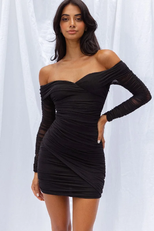 Mini dresses with button - down fronts Moonrise Off-Shoulder Crossover Neckline Long Sleeve Ruched Dress Black Mini dresses with button - down fronts Moonrise Off-Shoulder Crossover Neckline Long Sleeve Ruched Dress Black