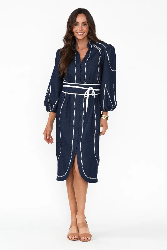 Midi dresses with pleated bodices for a classic and tailored look Swanson Dark Denim Cotton Dress Midi dresses with pleated bodices for a classic and tailored look Swanson Dark Denim Cotton Dress