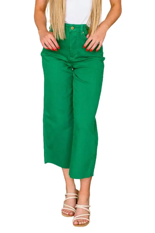 Button - fly women jeans with a traditional touchHigh Rise Control Top Wide Leg Crop Jeans In Kelly Green