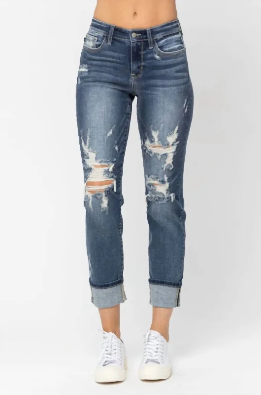 Light - wash women jeans for a fresh and summery appearanceMid Rise Cuffed Destroy Boyfriend Jeans In Blue Light - wash women jeans for a fresh and summery appearanceMid Rise Cuffed Destroy Boyfriend Jeans In Blue