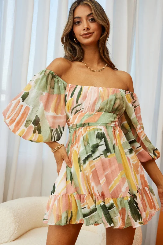 Ruffled Women Dress with Multiple Layers for a Playful and Girly StyleAbby Off-Shoulder Tie-Up Back Dress Watercolor Print Multi