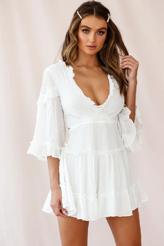 Lace - Embellished Women Dress for an Elegant and Sophisticated AppearanceAlbany Lace Up Back Frill Dress Puckered Fabric White