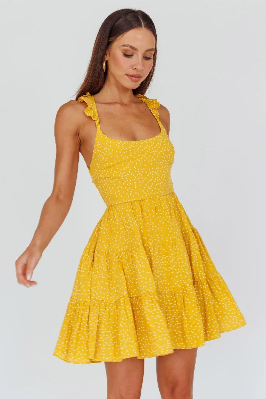 Sleeveless Women Dress in Bright Colors for Summer PartiesAllegra Fluted Hem Lace-Up Back Dress Yellow Sleeveless Women Dress in Bright Colors for Summer PartiesAllegra Fluted Hem Lace-Up Back Dress Yellow