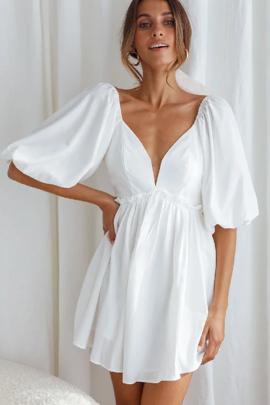 Off - the - Shoulder Women Dress for a Romantic and Feminine LookAlways Dreaming Puff Sleeve Structured V-Neckline Mini Dress White Off - the - Shoulder Women Dress for a Romantic and Feminine LookAlways Dreaming Puff Sleeve Structured V-Neckline Mini Dress White