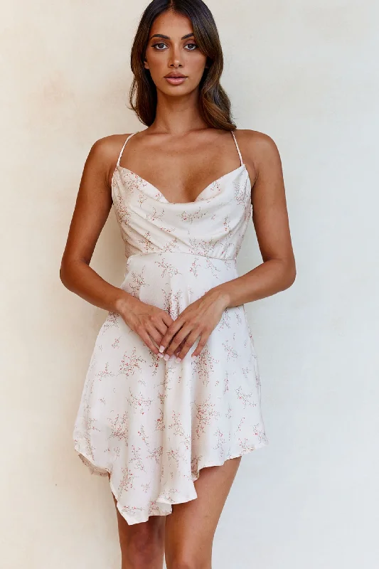 Off - the - Shoulder Women Dress for a Romantic and Feminine LookAngel Eyes Cowl Neck Asymmetrical Hem Mini Dress Floral Print Champagne Off - the - Shoulder Women Dress for a Romantic and Feminine LookAngel Eyes Cowl Neck Asymmetrical Hem Mini Dress Floral Print Champagne