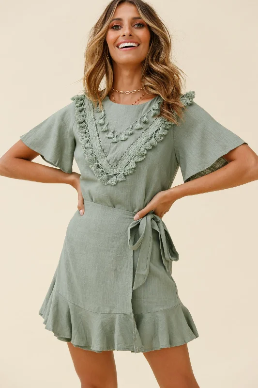 Mini Women Dress with a Short Hem for a Young and Trendy StyleAngelique Tassel Bust Wrap Bottom Dress Olive Mini Women Dress with a Short Hem for a Young and Trendy StyleAngelique Tassel Bust Wrap Bottom Dress Olive
