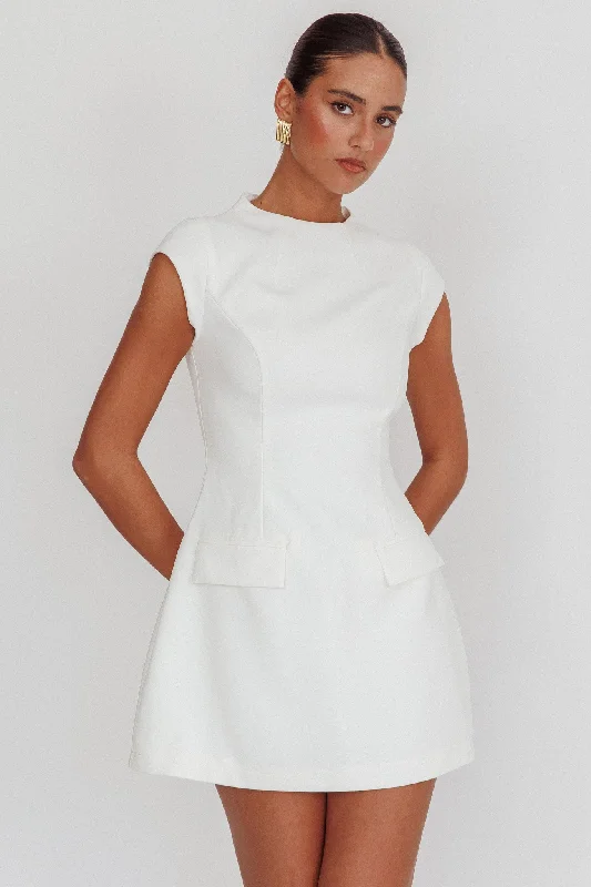 Plus Size Women Dress with a Flattering A - Line Cut for Comfort and StyleAristos Cap Sleeve Mini Dress White Plus Size Women Dress with a Flattering A - Line Cut for Comfort and StyleAristos Cap Sleeve Mini Dress White