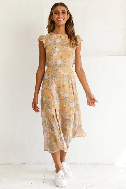 Strapless Women Dress with a Built - in Bra for Comfort and SupportBecky Cap Sleeve Crew Neck Midi Dress Floral Print Mustard Strapless Women Dress with a Built - in Bra for Comfort and SupportBecky Cap Sleeve Crew Neck Midi Dress Floral Print Mustard