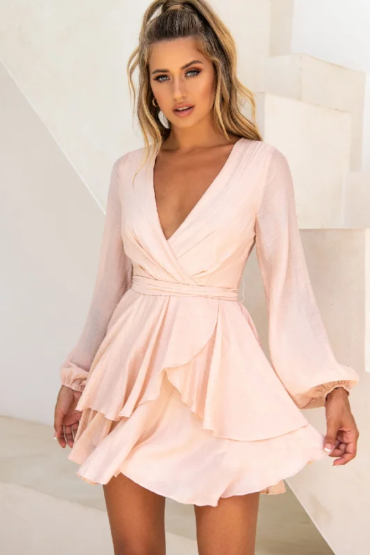 Mermaid - Style Women Dress with a Fitted Silhouette for Special OccasionsBelieve Me Long Sleeve Surplice Neckline Dress Beige Mermaid - Style Women Dress with a Fitted Silhouette for Special OccasionsBelieve Me Long Sleeve Surplice Neckline Dress Beige