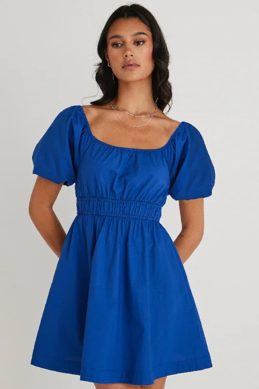 Printed Abstract Women Dress for a Modern and Artistic AppealBlossom Azure Puff Sleeve Mini Dress