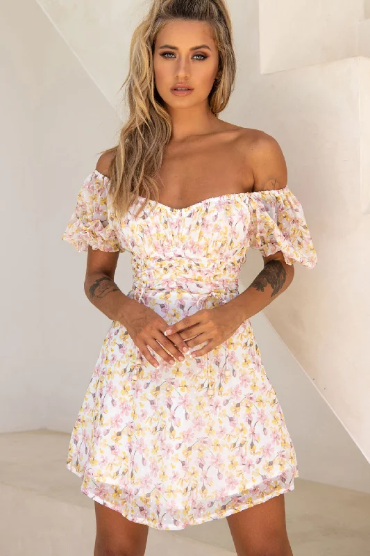 Ball Gown Women Dress with a Full Skirt for a Princess - like LookBright Side Off-Shoulder Puff Sleeve Dress Floral Print Pink/Yellow Ball Gown Women Dress with a Full Skirt for a Princess - like LookBright Side Off-Shoulder Puff Sleeve Dress Floral Print Pink/Yellow
