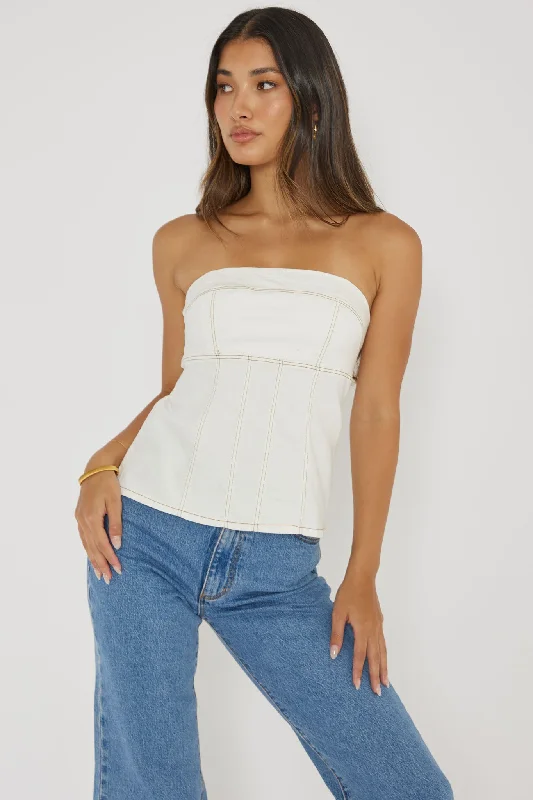 Empire Waist Women Dress to Accentuate the Bust and Conceal the WaistCathlin Contrast Stitching Strapless Top White