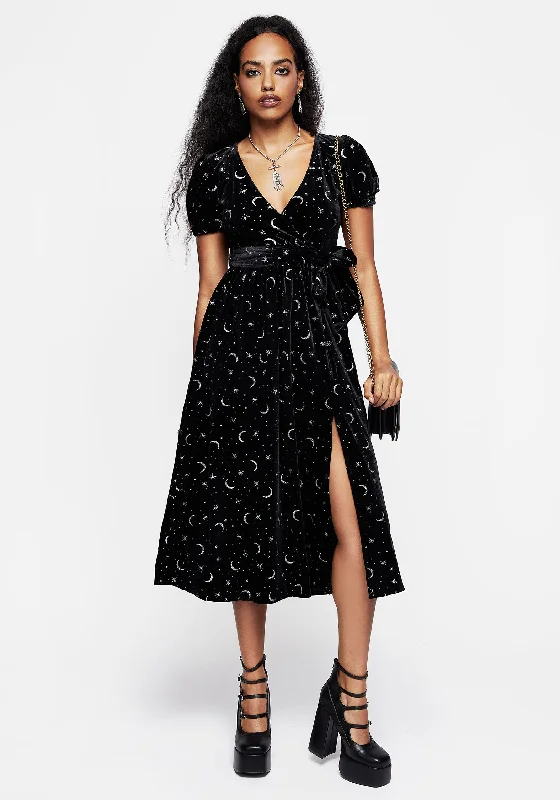 Off - the - Shoulder Women Dress for a Romantic and Feminine LookConstellation Glitter Print Velour Midi Wrap Dress