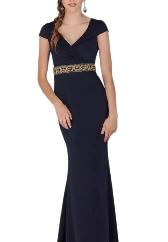 Sleeveless Women Dress in Bright Colors for Summer PartiesDark Navy with Gold Beaded Belt Crepe Gown (US 4)