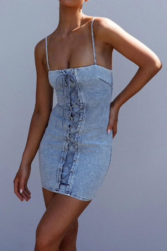 Mermaid - Style Women Dress with a Fitted Silhouette for Special OccasionsDon't Try Me Lace Up Mini Dress Denim Mermaid - Style Women Dress with a Fitted Silhouette for Special OccasionsDon't Try Me Lace Up Mini Dress Denim