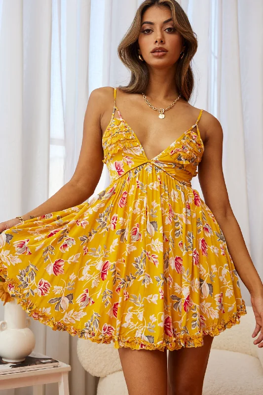 Strapless Women Dress with a Built - in Bra for Comfort and SupportDote On Me Frill Trim Strappy Back Dress Flower Print Mustard