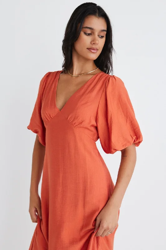 Printed Abstract Women Dress for a Modern and Artistic AppealEmpire Persimmon Puff Sleeve Midi Dress