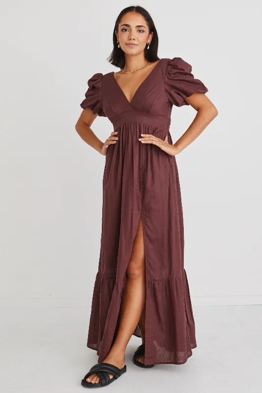 Ball Gown Women Dress with a Full Skirt for a Princess - like LookEver After Raisin Linen Puff Sleeve Maxi Dress