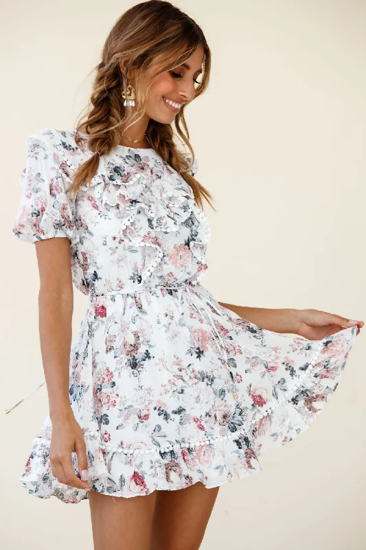 Wrap - Style Women Dress with Adjustable Fit for All Body TypesFinders Keepers Ruffle Trim Lace-Up Back Dress Floral Print White