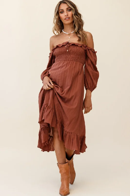 Ruffled Women Dress with Multiple Layers for a Playful and Girly StyleFlynn Off-Shoulder Shirred Bust Midi Dress Tan Ruffled Women Dress with Multiple Layers for a Playful and Girly StyleFlynn Off-Shoulder Shirred Bust Midi Dress Tan