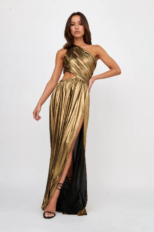 Maxi Women Dress with Floral Print for a Bohemian VibeFortuna One Shoulder Split Maxi Dress Black/Gold Maxi Women Dress with Floral Print for a Bohemian VibeFortuna One Shoulder Split Maxi Dress Black/Gold