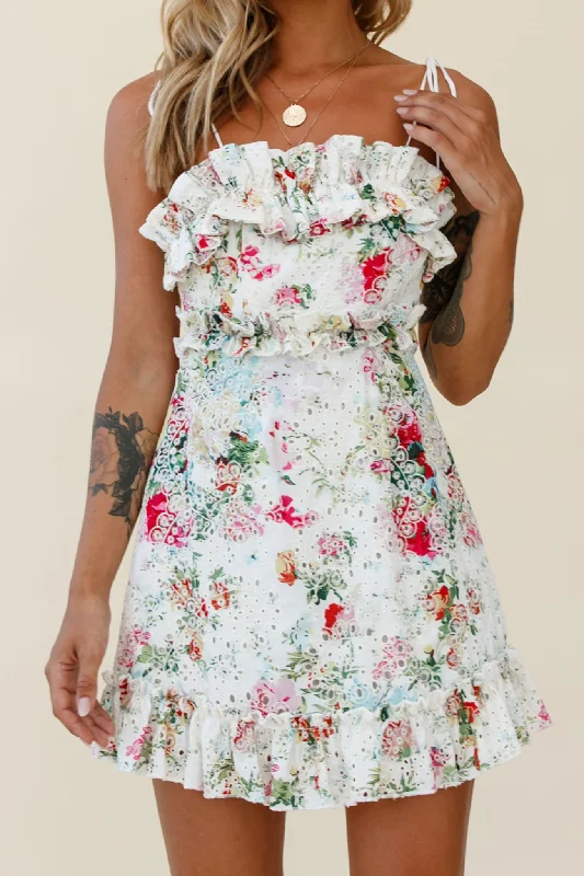 Sleeveless Women Dress in Bright Colors for Summer PartiesFrill Seeker Eyelet Embroidery Tied Back Dress Floral Print Multi Sleeveless Women Dress in Bright Colors for Summer PartiesFrill Seeker Eyelet Embroidery Tied Back Dress Floral Print Multi