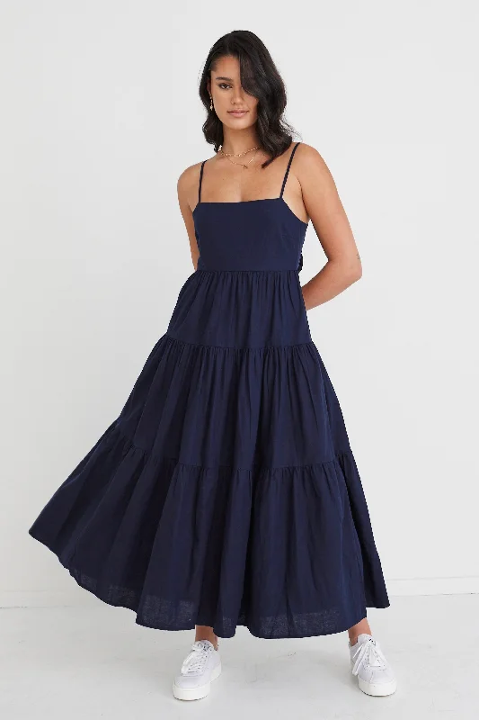 Plus Size Women Dress with a Flattering A - Line Cut for Comfort and StyleGalaxy Navy Linen Tie Back Tiered Strappy Maxi Dress