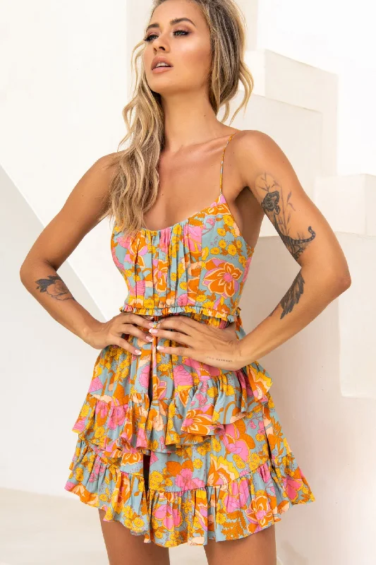 Maxi Women Dress with Floral Print for a Bohemian VibeGeordie Ruched Bust Frill Trim Dress Floral Print Aqua Multi Maxi Women Dress with Floral Print for a Bohemian VibeGeordie Ruched Bust Frill Trim Dress Floral Print Aqua Multi