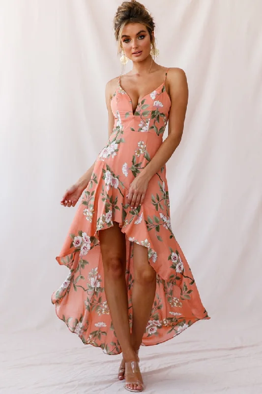 Ruffled Women Dress with Multiple Layers for a Playful and Girly StyleImelda V-Neckline High-Low Hem Dress Peach