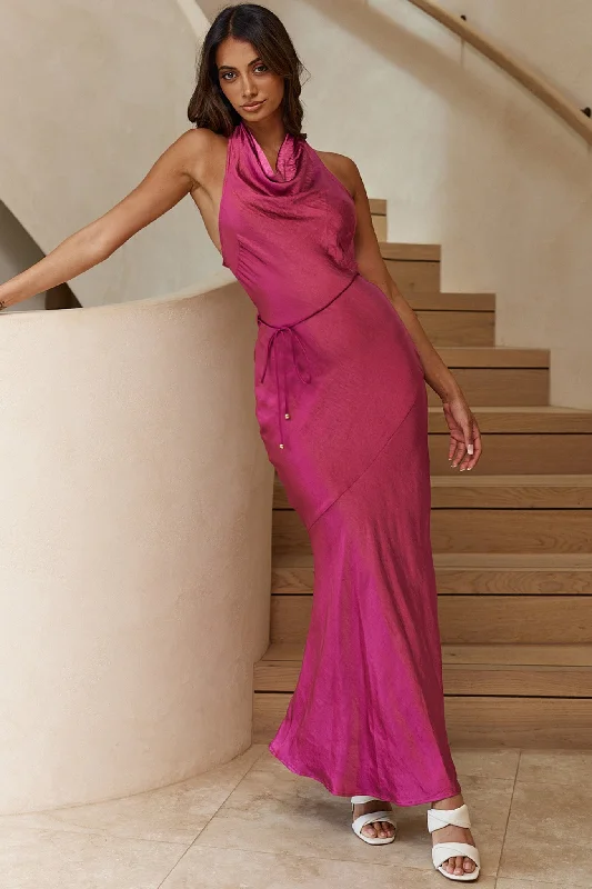 Strapless Women Dress with a Built - in Bra for Comfort and SupportIndia Cowl Halterneck Satin Maxi Dress Fuchsia Strapless Women Dress with a Built - in Bra for Comfort and SupportIndia Cowl Halterneck Satin Maxi Dress Fuchsia