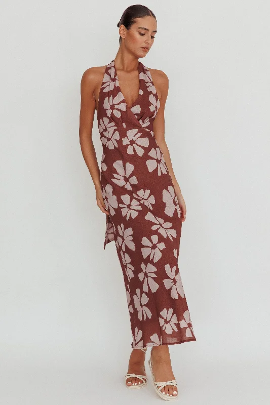 Strapless Women Dress with a Built - in Bra for Comfort and SupportItalia Azure Halterneck Floral Maxi Dress Brown