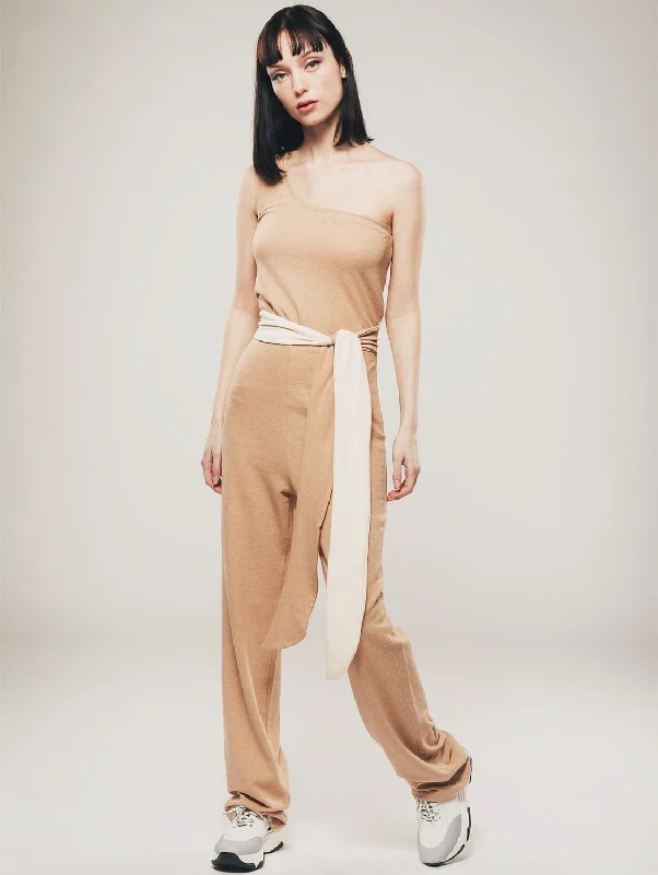 Polyester women jumpsuits for easy - care and durable everyday wearOrganic Cotton One Shoulder Jumpsuit | Light Brown Polyester women jumpsuits for easy - care and durable everyday wearOrganic Cotton One Shoulder Jumpsuit | Light Brown