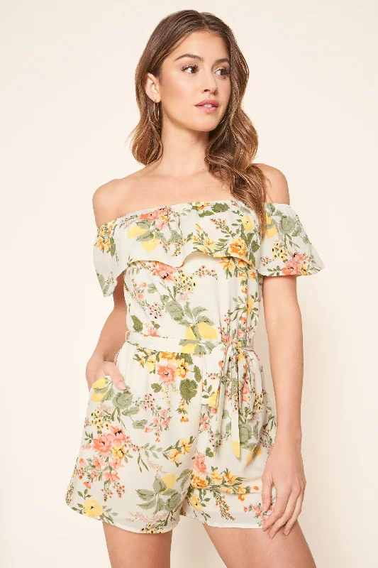 Women jumpsuits with gathered pants for a voluminous and elegant lookKailey Floral Off the Shoulder Romper Women jumpsuits with gathered pants for a voluminous and elegant lookKailey Floral Off the Shoulder Romper