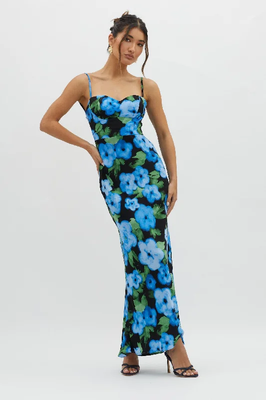Sleeveless Women Dress in Bright Colors for Summer PartiesKasha Low Back Maxi Dress Floral Blue Sleeveless Women Dress in Bright Colors for Summer PartiesKasha Low Back Maxi Dress Floral Blue