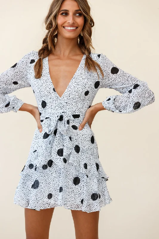 Backless Women Dress for a Sexy and Alluring Look at Evening EventsKerry Layered Balloon Sleeve Dress Black Spot Print White
