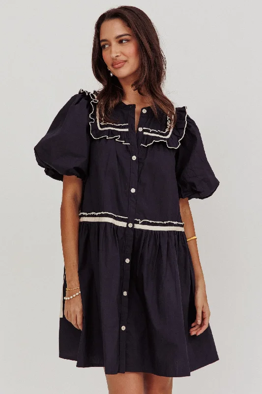 Backless Women Dress for a Sexy and Alluring Look at Evening EventsLate Spring Puff Sleeves Ruffle Mini Dress Navy Backless Women Dress for a Sexy and Alluring Look at Evening EventsLate Spring Puff Sleeves Ruffle Mini Dress Navy
