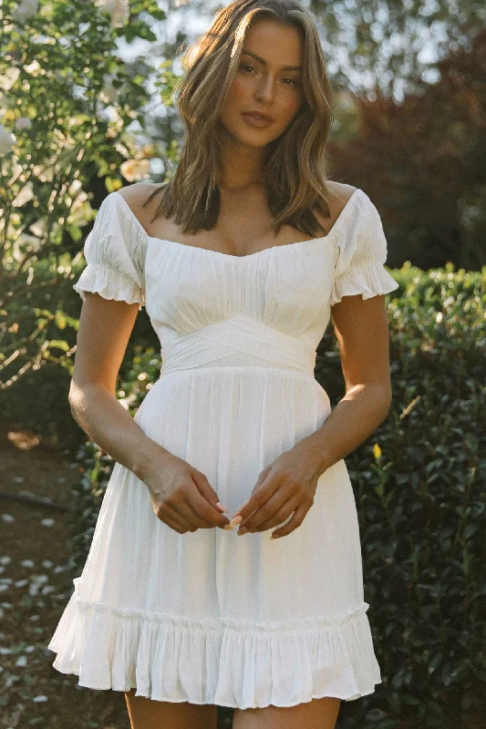 Ruffled Women Dress with Multiple Layers for a Playful and Girly StyleLinka Off-Shoulder Tie Back Dress White Ruffled Women Dress with Multiple Layers for a Playful and Girly StyleLinka Off-Shoulder Tie Back Dress White