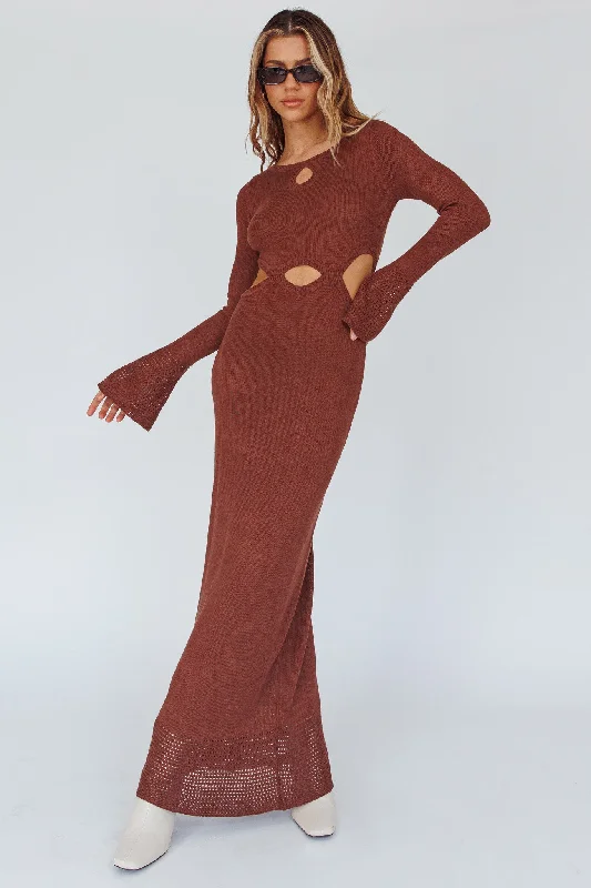 Ball Gown Women Dress with a Full Skirt for a Princess - like LookLong Sleeve Cut-Out Knit Maxi Dress Coffee Ball Gown Women Dress with a Full Skirt for a Princess - like LookLong Sleeve Cut-Out Knit Maxi Dress Coffee