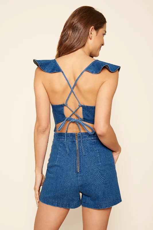 Women jumpsuits with polka - dot patterns for a classic and playful styleLucki Denim Open Back Romper Women jumpsuits with polka - dot patterns for a classic and playful styleLucki Denim Open Back Romper