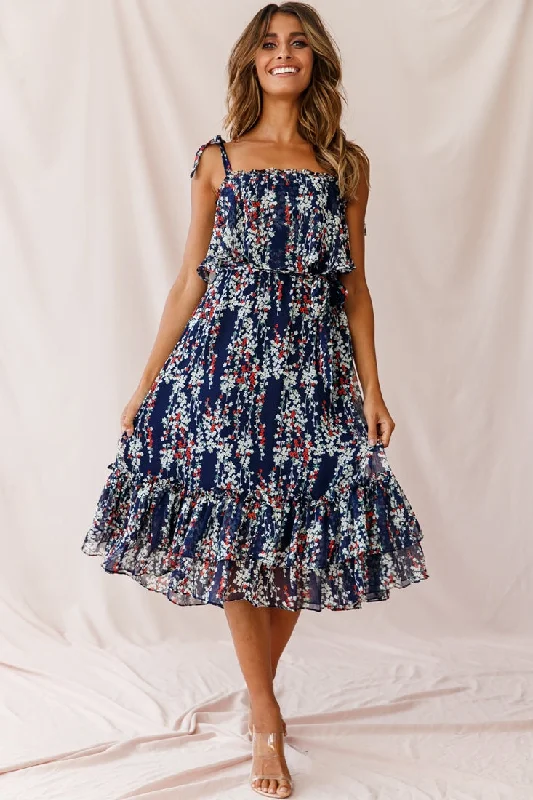 Printed Abstract Women Dress for a Modern and Artistic AppealMaeve Shoulder Tie Layered Ruffle Dress Navy Printed Abstract Women Dress for a Modern and Artistic AppealMaeve Shoulder Tie Layered Ruffle Dress Navy