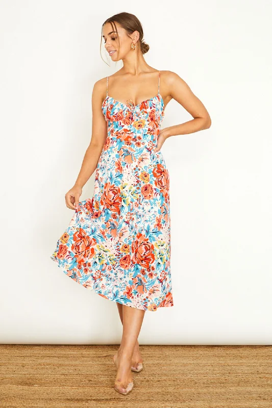 Lace - Embellished Women Dress for an Elegant and Sophisticated AppearanceMalibu Gathered Bust Cami Strap Midi Dress Floral Orange